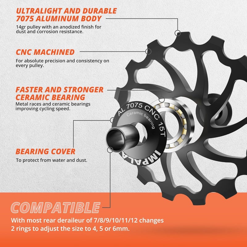 IMPALAPRO Bike Oversized Ceramic Derailleur Pulley Wheel 15T/17T AL7075 Compatible with Shimano Jockey Wheels and Rear derailleur Pulley Sram - Image 4